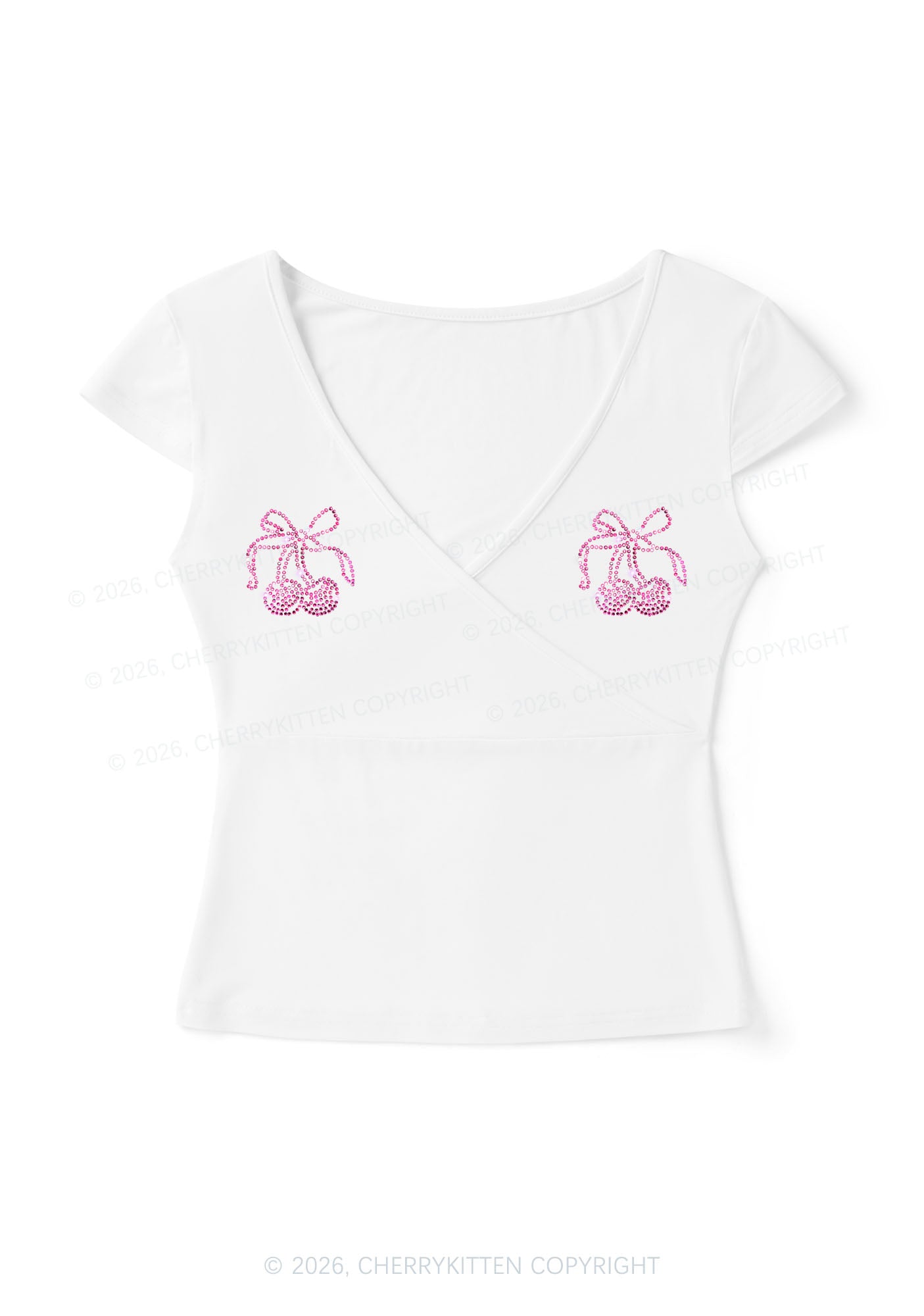 Rhinestone Cherry Bow Y2K Wrap V Neck T Shirts Cherrykitten