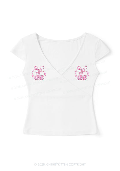 Rhinestone Cherry Bow Y2K Wrap V Neck T Shirts Cherrykitten