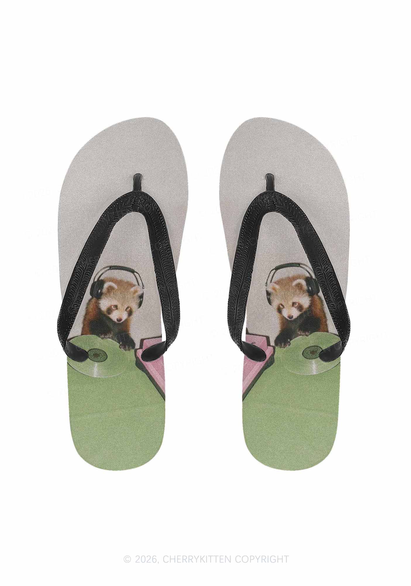 Red Panda DJ Y2K Print Flip Flops Cherrykitten
