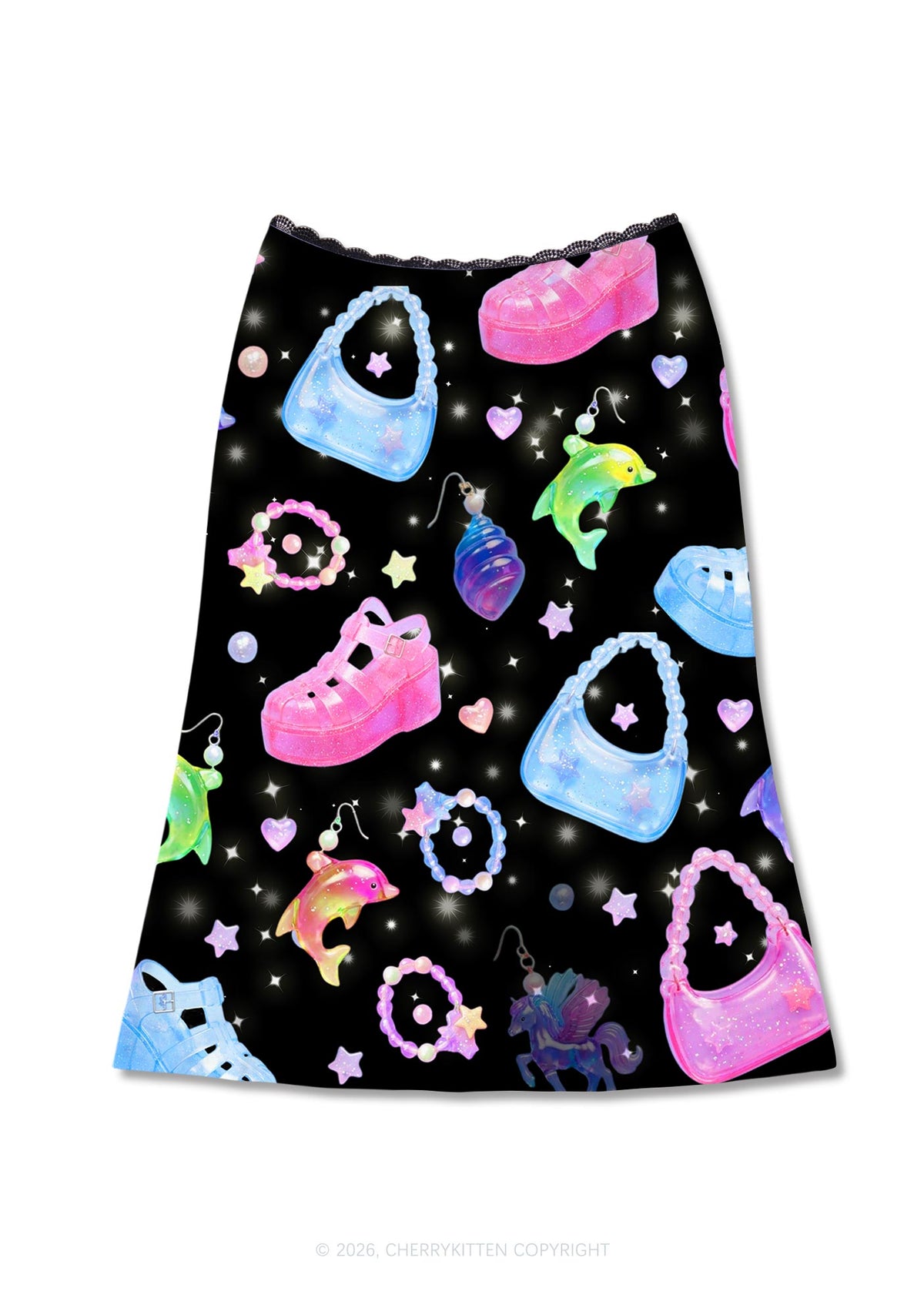 Black Jelly Charms Y2K Print Midi Skirt Cherrykitten