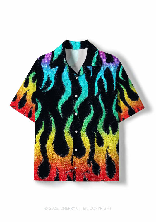 Rainbow Flame Pride Y2K Print Hawaiian Shirt Cherrykitten