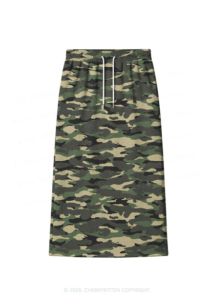 Classic Green Camo Y2K Sport Jersey Drawstring Midi Skirt Cherrykitten