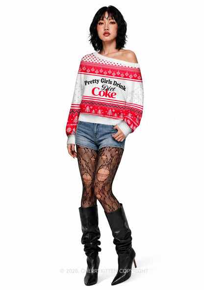 Pretty Girls Drink Diet Cola Y2K Off Shoulder Knit Sweatshirt Cherrykitten