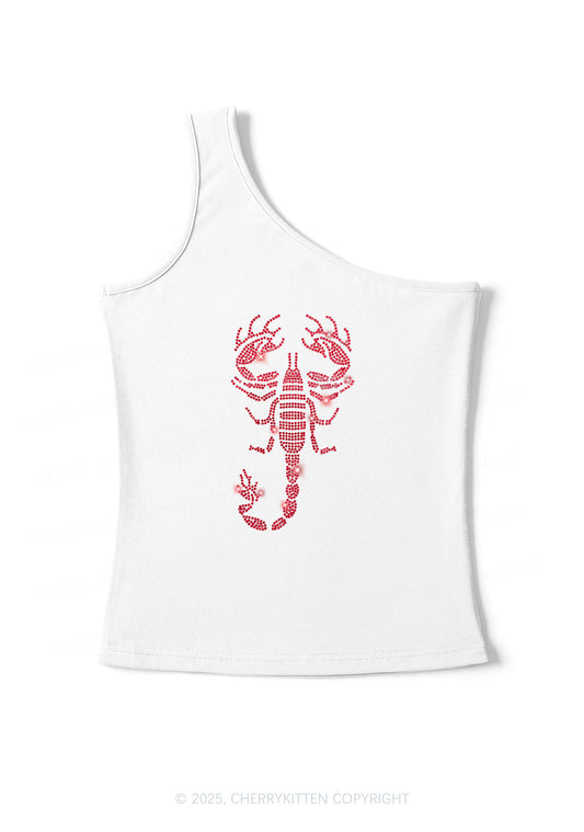 Rhinestone Red Scorpion Y2K One Shoulder Tank Top Cherrykitten