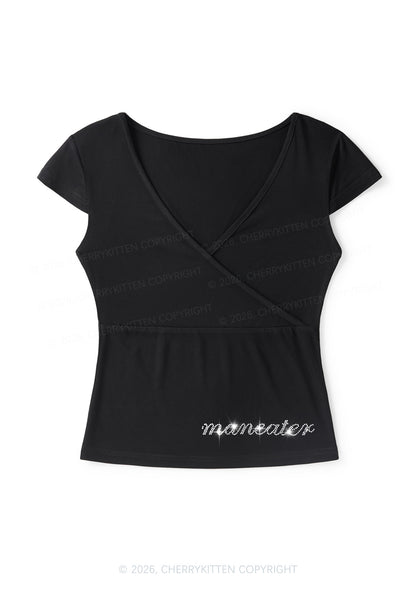 Rhinestone Maneater Y2K Wrap V Neck T Shirts Cherrykitten