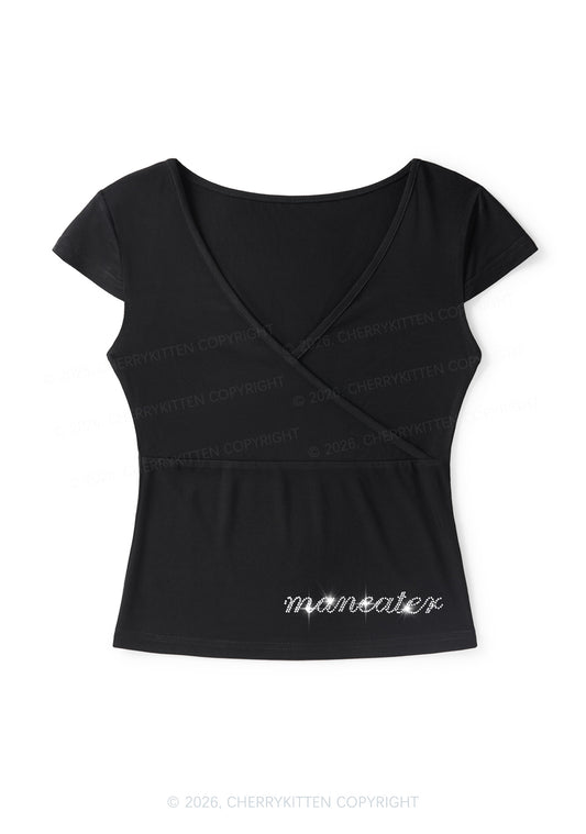 Rhinestone Maneater Y2K Wrap V Neck T Shirts Cherrykitten