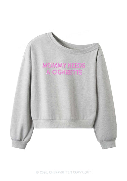Rhinestone Mommy Needs Cigarette Y2K Off Shoulder Sweatshirts Cherrykitten