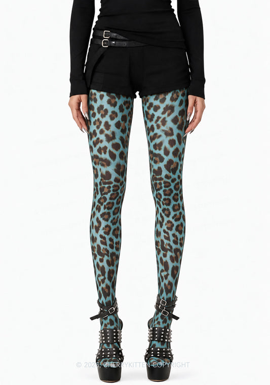 Mint Green Leopard Thin Pantyhose Y2K Tights Cherrykitten