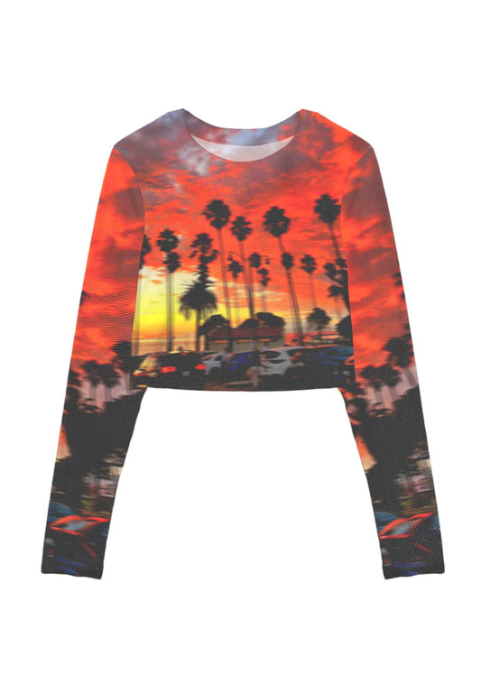 Sunset Palms Y2K Mesh Long Sleeve Crop Top Cherrykitten
