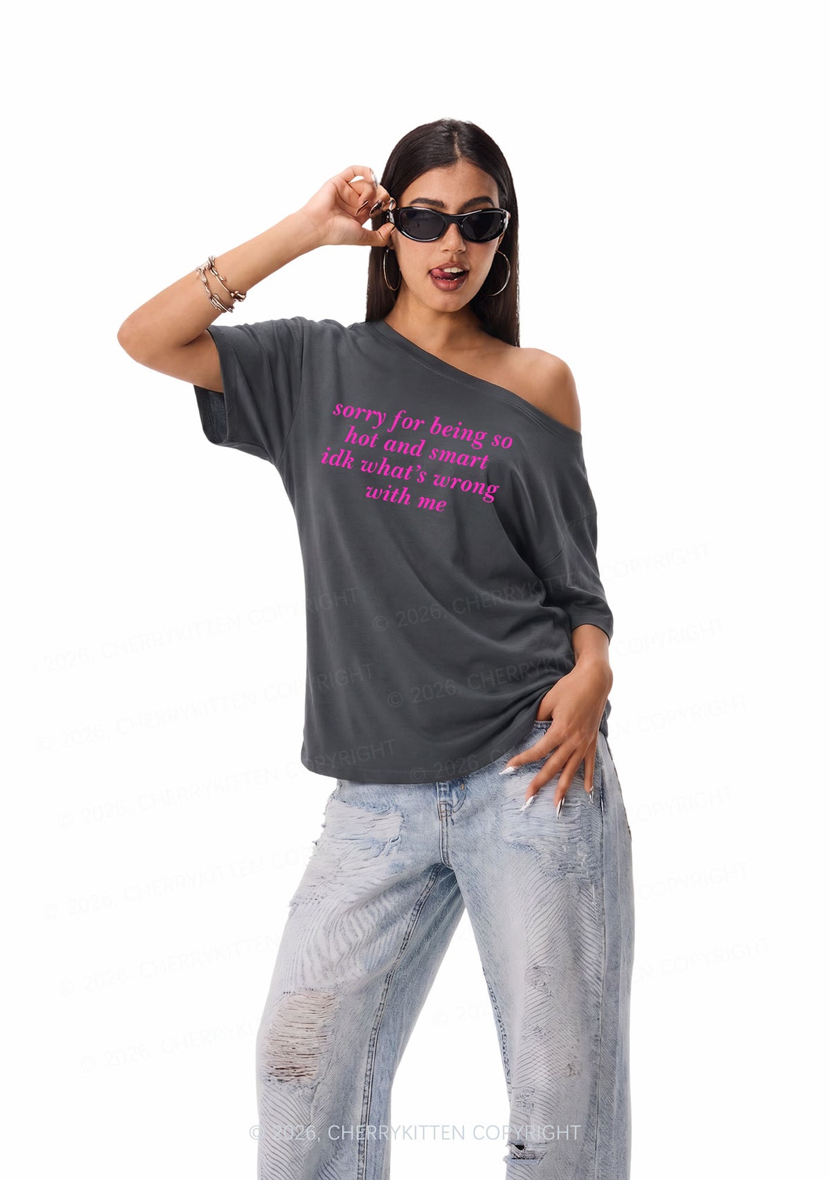 Sorry For Being So Smart Y2K Off Shoulder Tee Cherrykitten