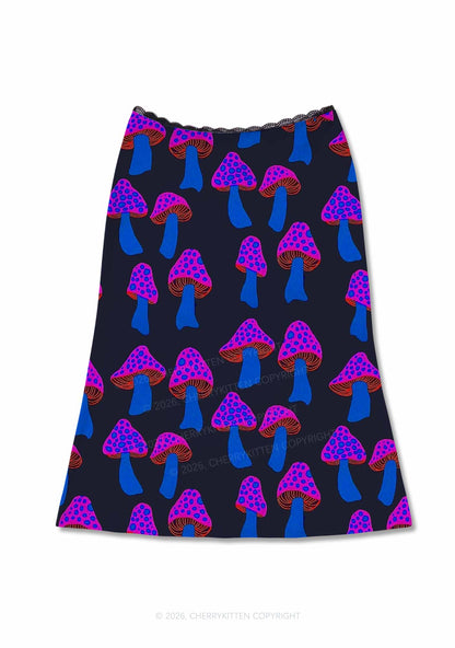 Blue Mushroom Y2K Print Midi Skirt Cherrykitten
