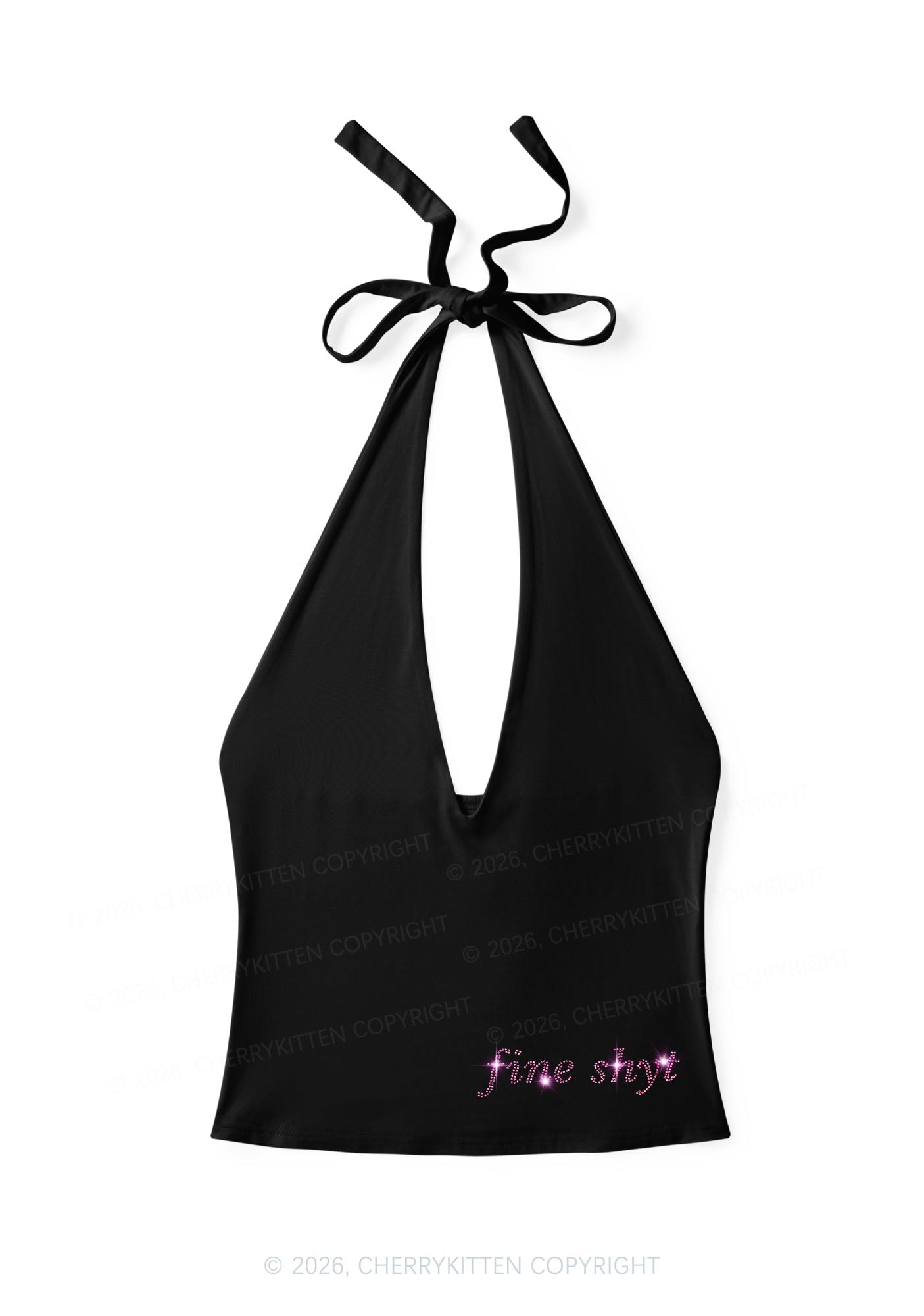 Rhinestone Fine Shyt Y2K Halter Deep V Neck Cami Cherrykitten