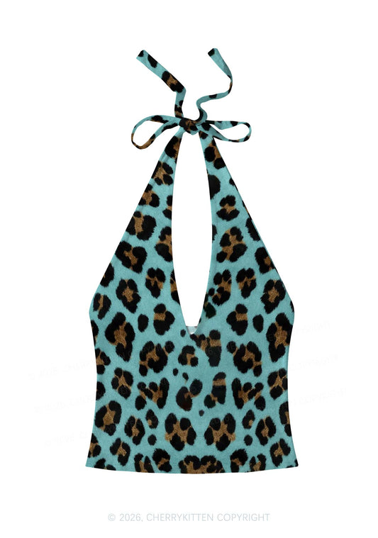 Mint Green Leopard Y2K Print Halter Deep V Neck Cami Cherrykitten