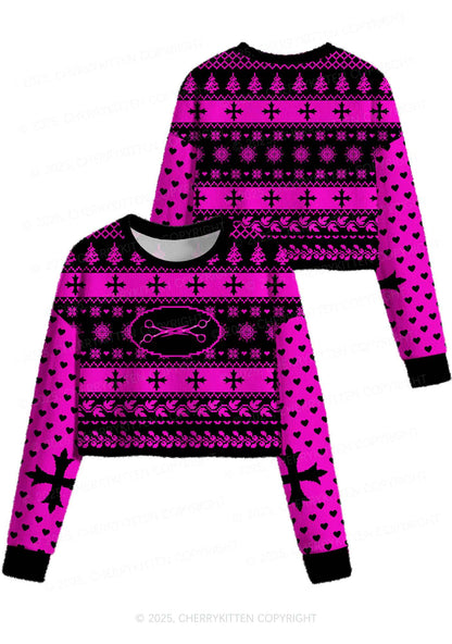 Pink Scissor Pride Y2K Christmas Crop Knit Sweatshirt Cherrykitten