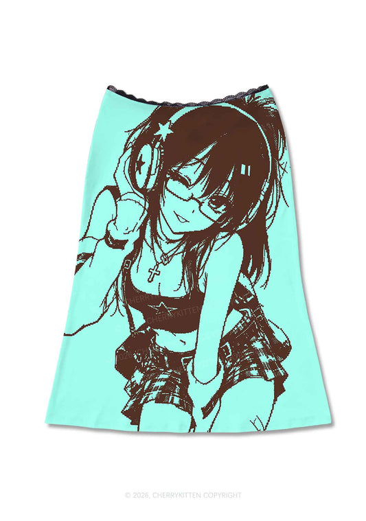 Brown Anime Girl On Mint Green Y2K Print Midi Skirt Cherrykitten