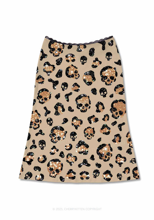 Halloween Leopard Sparkly Skull Y2K Print Midi Skirt Cherrykitten