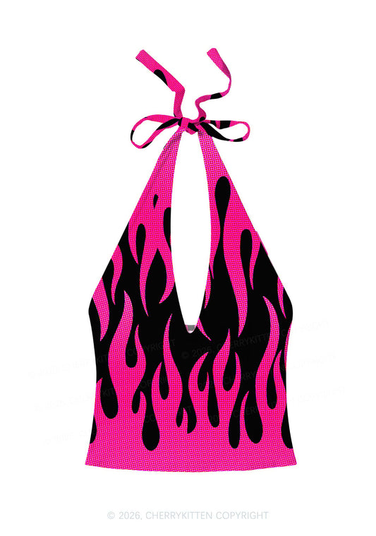 Hot Pink Flame Y2K Print Halter Deep V Neck Cami Cherrykitten