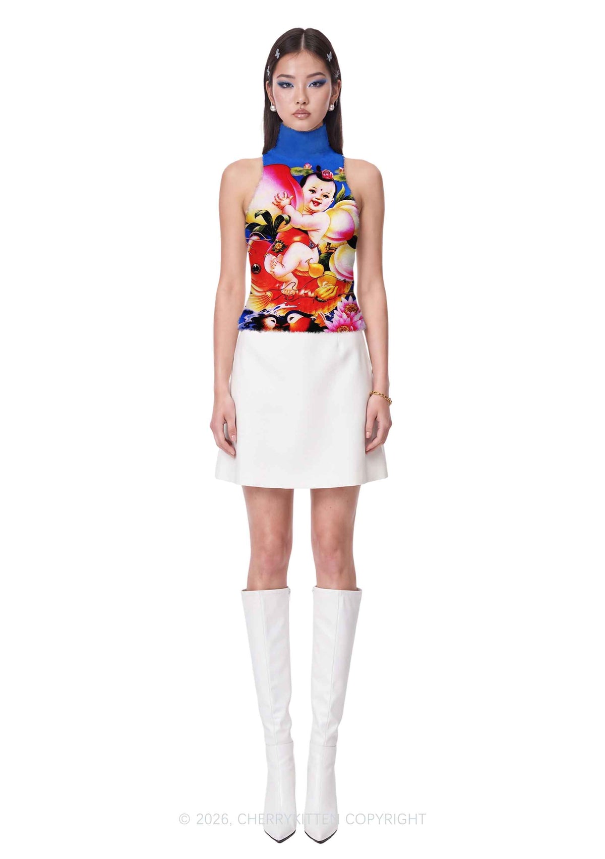 Chinese New Year Peach Chubby Baby Y2K Knit Turtleneck Tank Top Cherrykitten