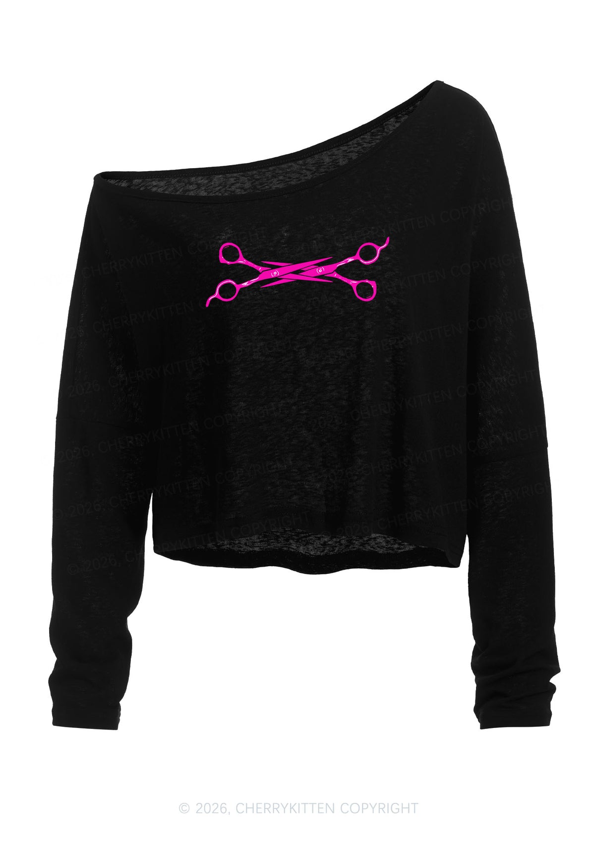 Pink Scissors Pride Y2K Off Shoulder Long Sleeve Crop Top Cherrykitten