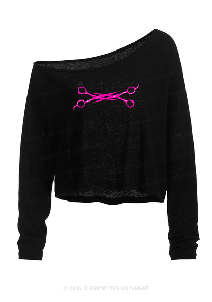 Pink Scissors Pride Y2K Off Shoulder Long Sleeve Crop Top Cherrykitten