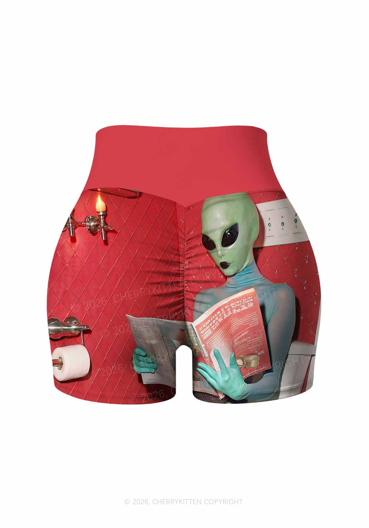 Halloween Alien On Toilet Y2K Print Gym Shorts Cherrykitten