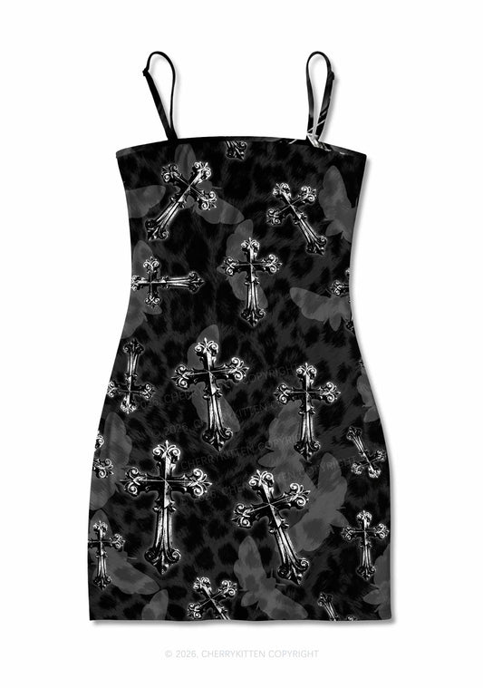 Halloween Gothic Cross Moth Leopard Y2K Print Slip Dress Cherrykitten