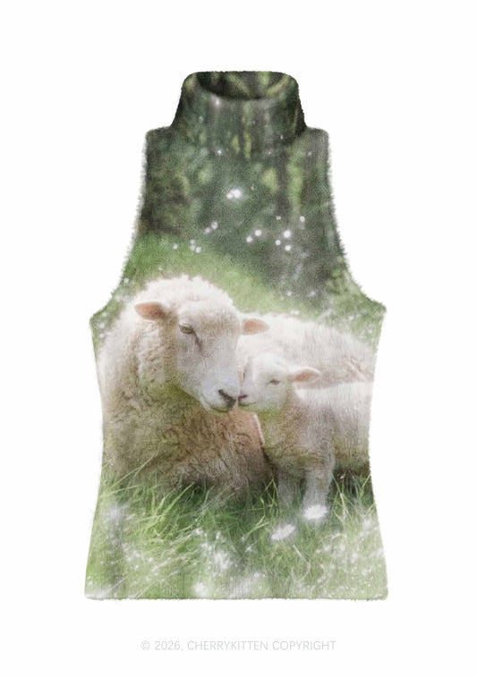 Sheep And Lamb On Grass Y2K Knit Turtleneck Tank Top Cherrykitten