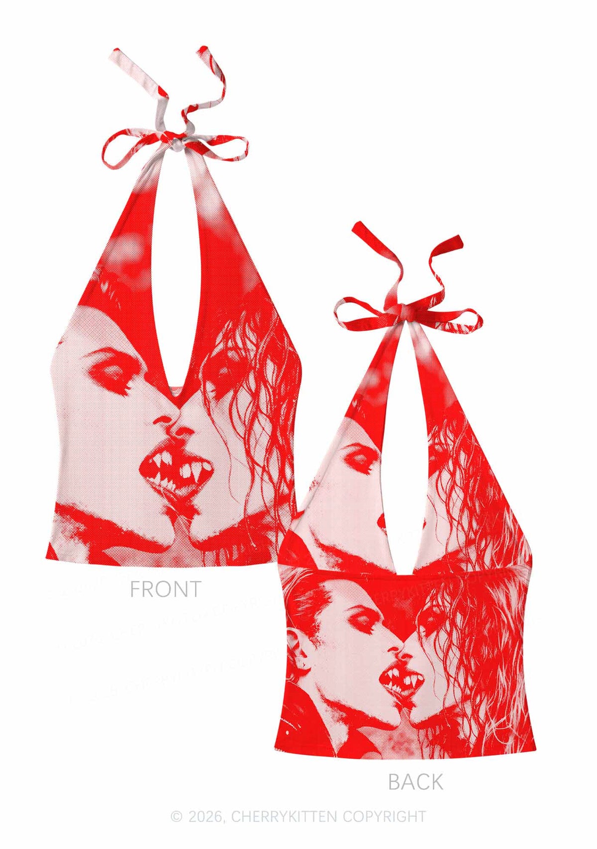 Halloween Red Pixels Vampire Couple Y2K Print Halter Deep V Neck Cami Cherrykitten