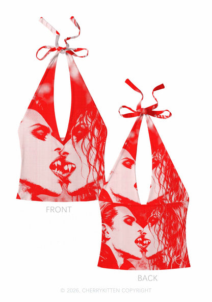 Halloween Red Pixels Vampire Couple Y2K Print Halter Deep V Neck Cami Cherrykitten