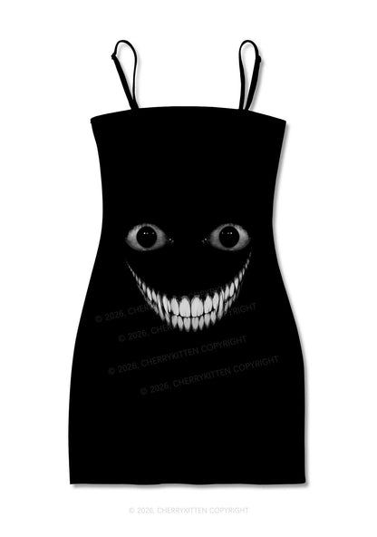 Halloween Black Creepy Grin Y2K Print Slip Dress Cherrykitten