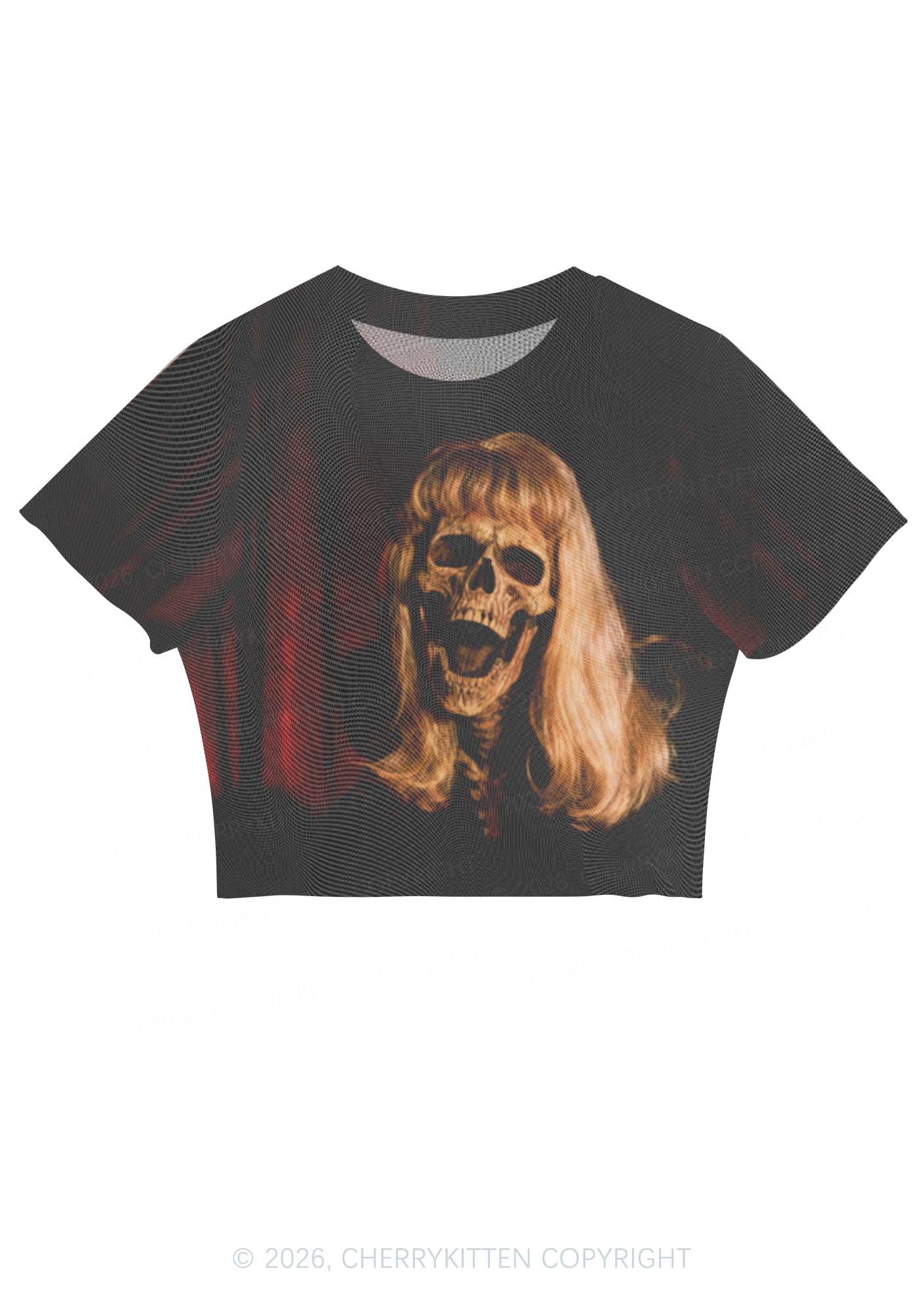 Halloween Blonde Skull Y2K Mesh Crop Top Cherrykitten
