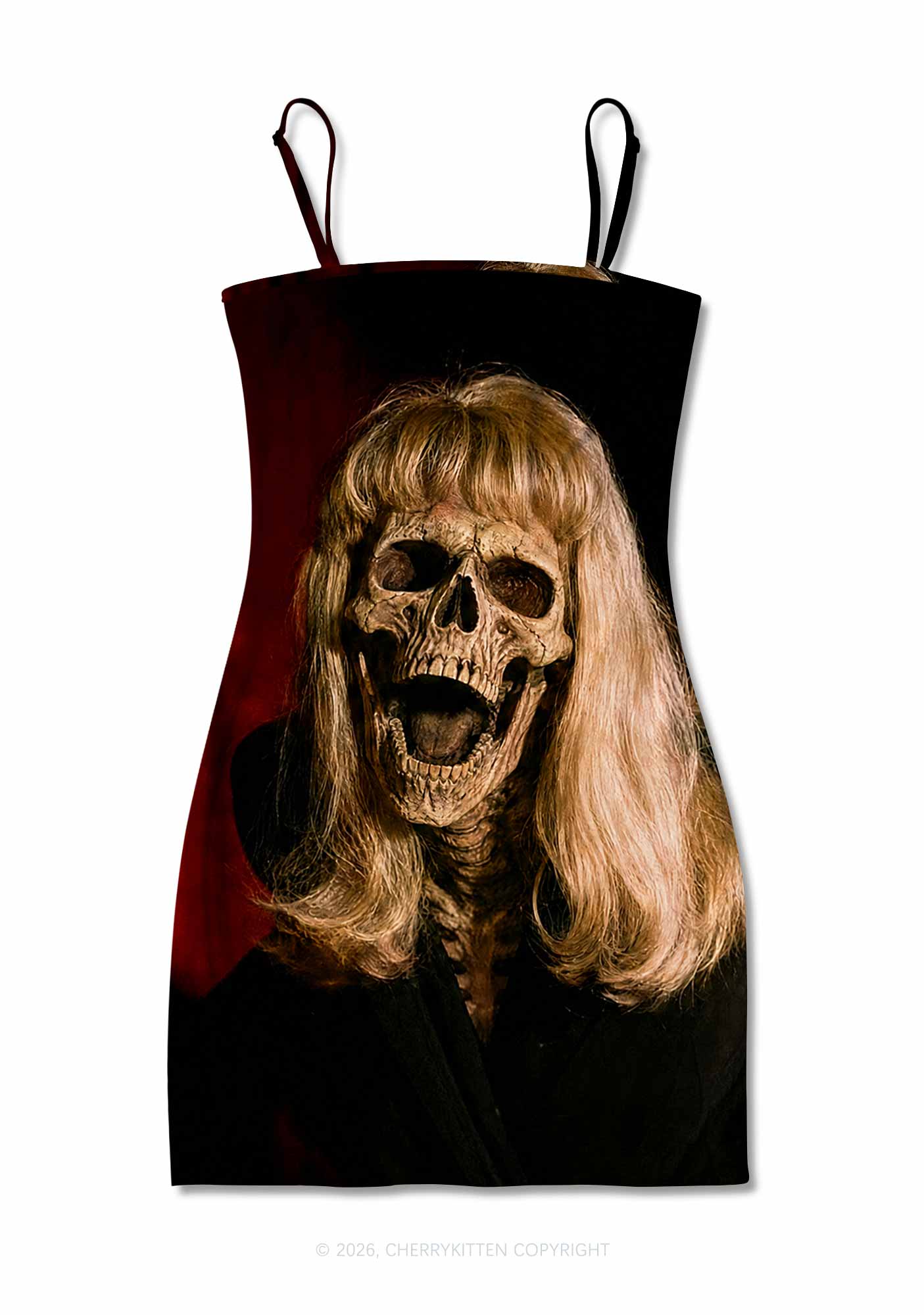 Halloween Blonde Skull Y2K Print Slip Dress Cherrykitten