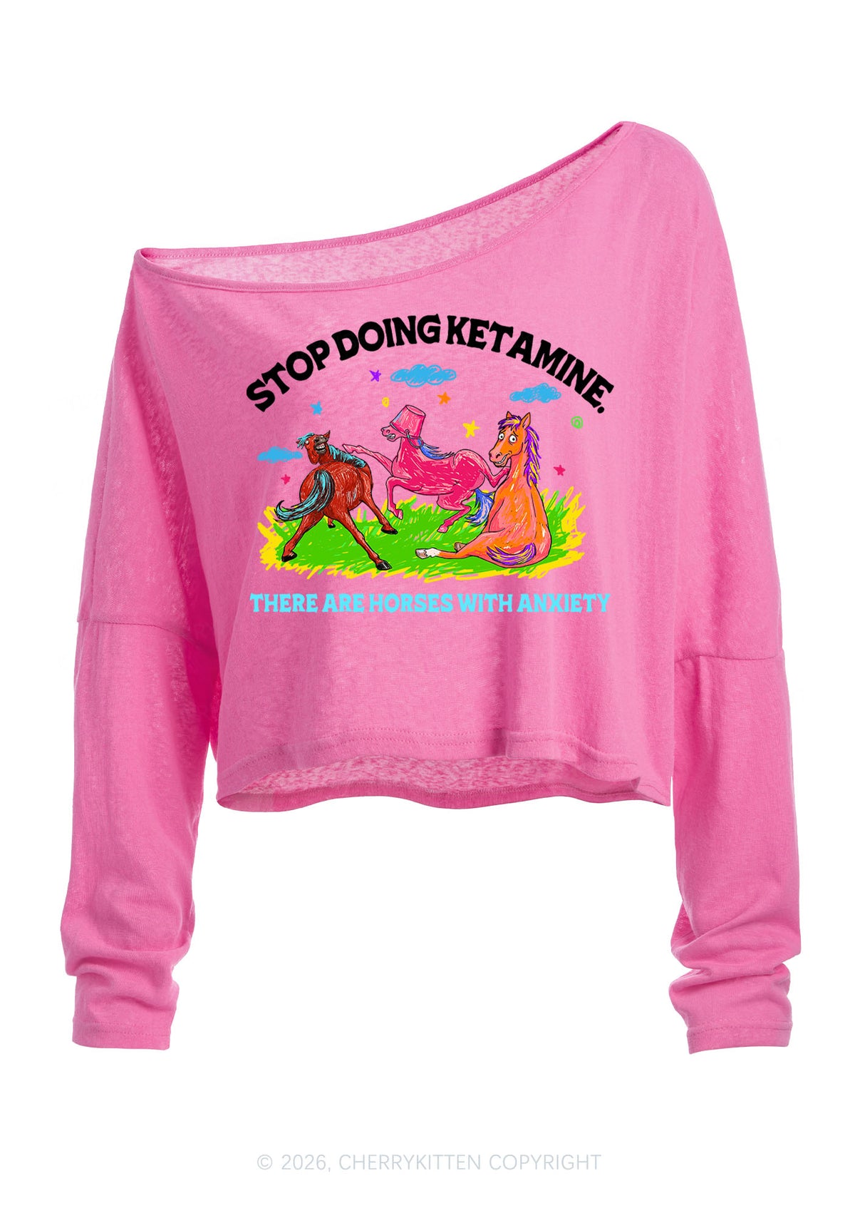 Horses With Anxiety Y2K Off Shoulder Long Sleeve Crop Top Cherrykitten