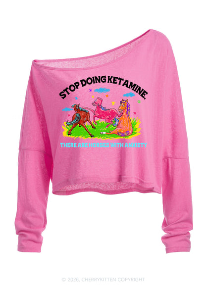 Horses With Anxiety Y2K Off Shoulder Long Sleeve Crop Top Cherrykitten