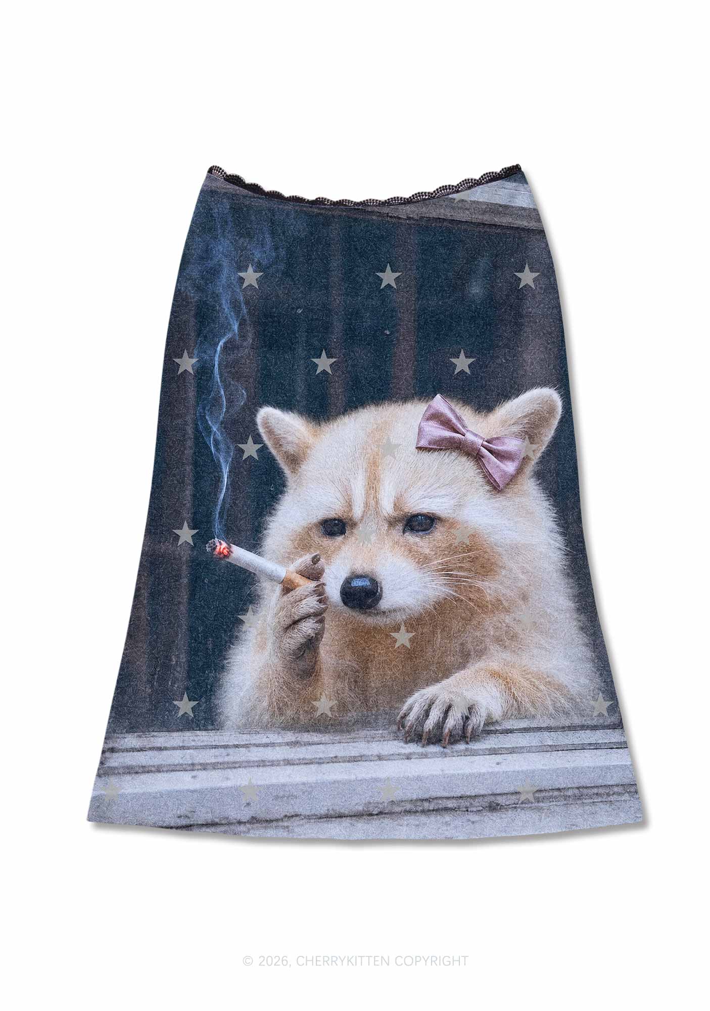 Pink Bow Smoking Raccoon Y2K Print Midi Skirt Cherrykitten