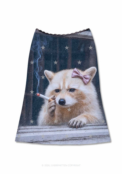 Pink Bow Smoking Raccoon Y2K Print Midi Skirt Cherrykitten