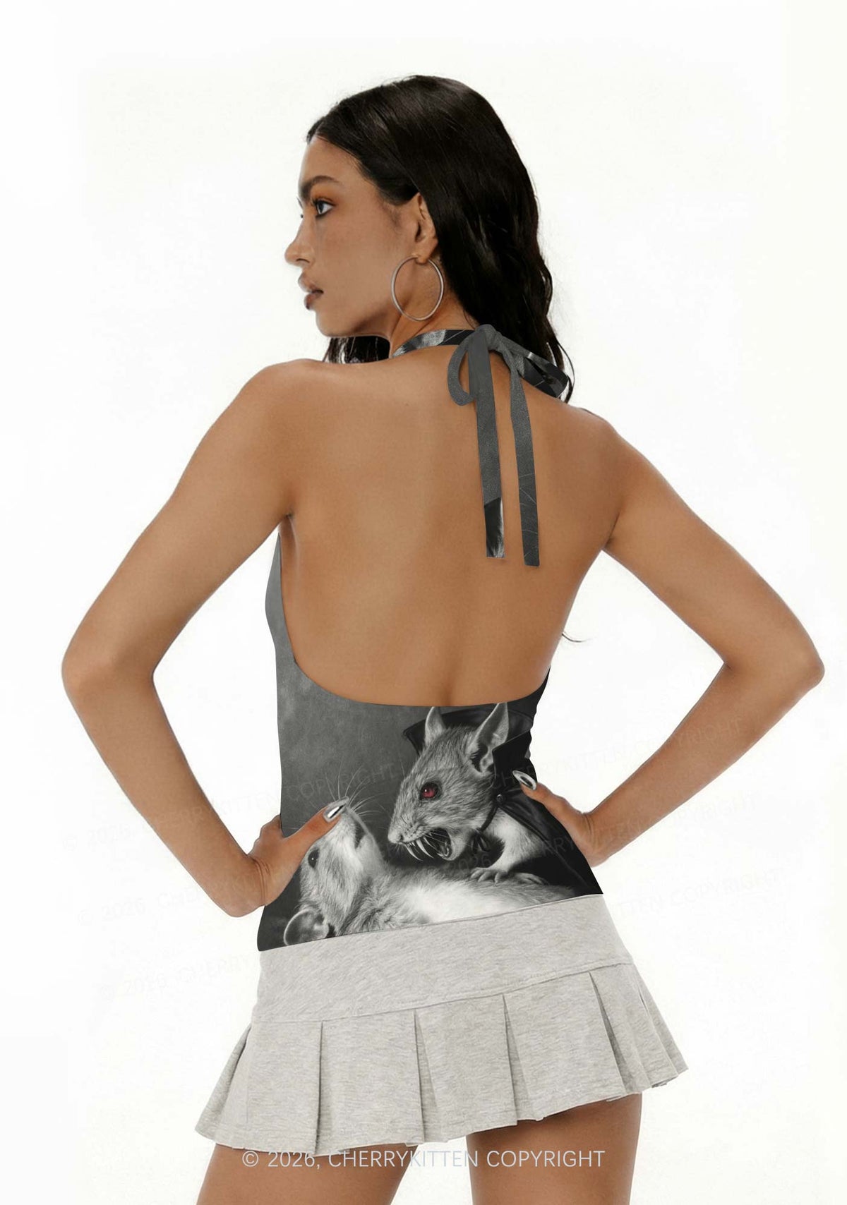 Halloween Vampire Rat Y2K Print Halter Deep V Neck Cami Cherrykitten