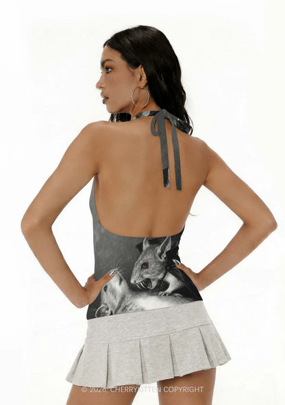 Halloween Vampire Rat Y2K Print Halter Deep V Neck Cami Cherrykitten