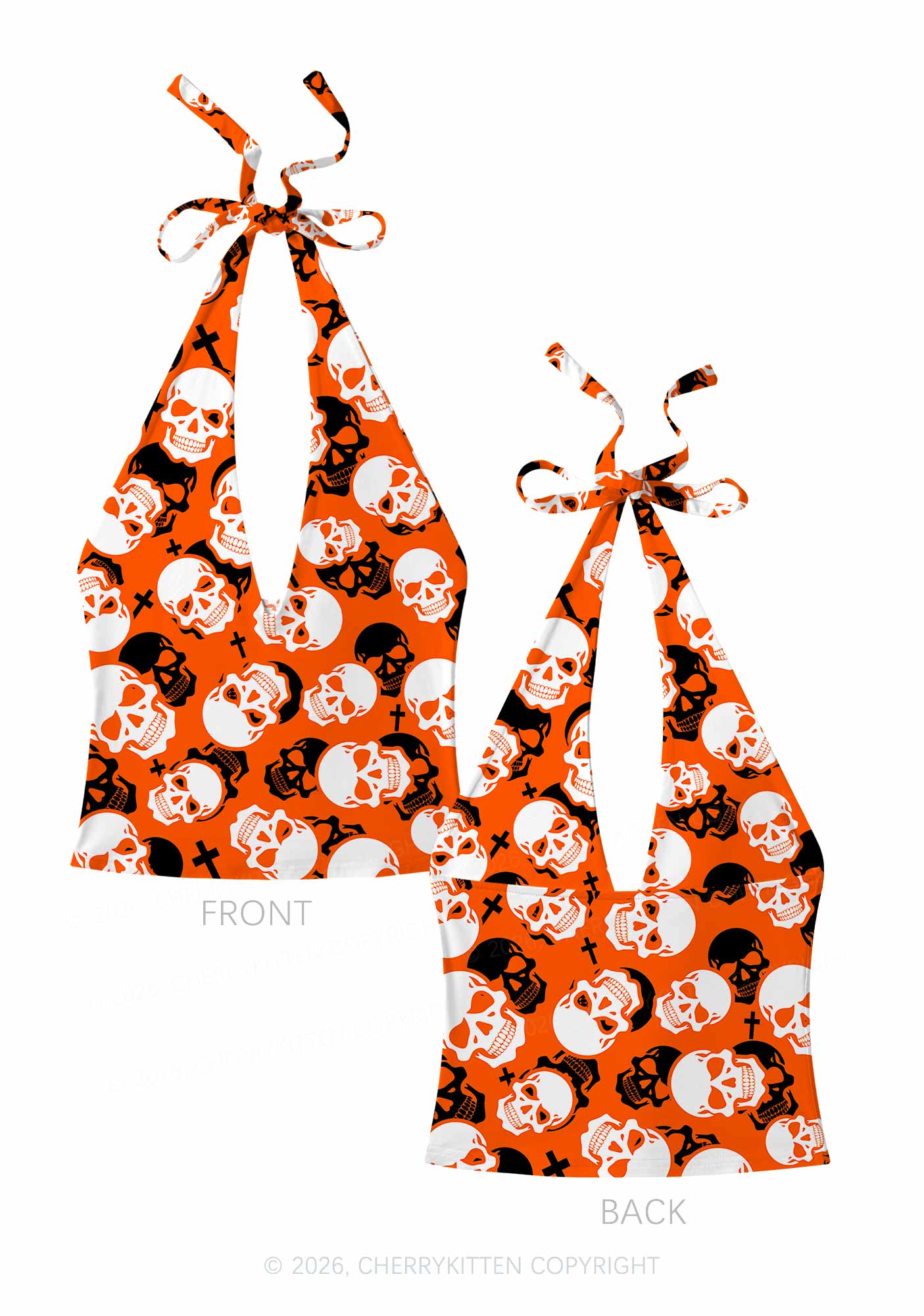 Halloween Orange Skull Cross Y2K Print Halter Deep V Neck Cami Cherrykitten