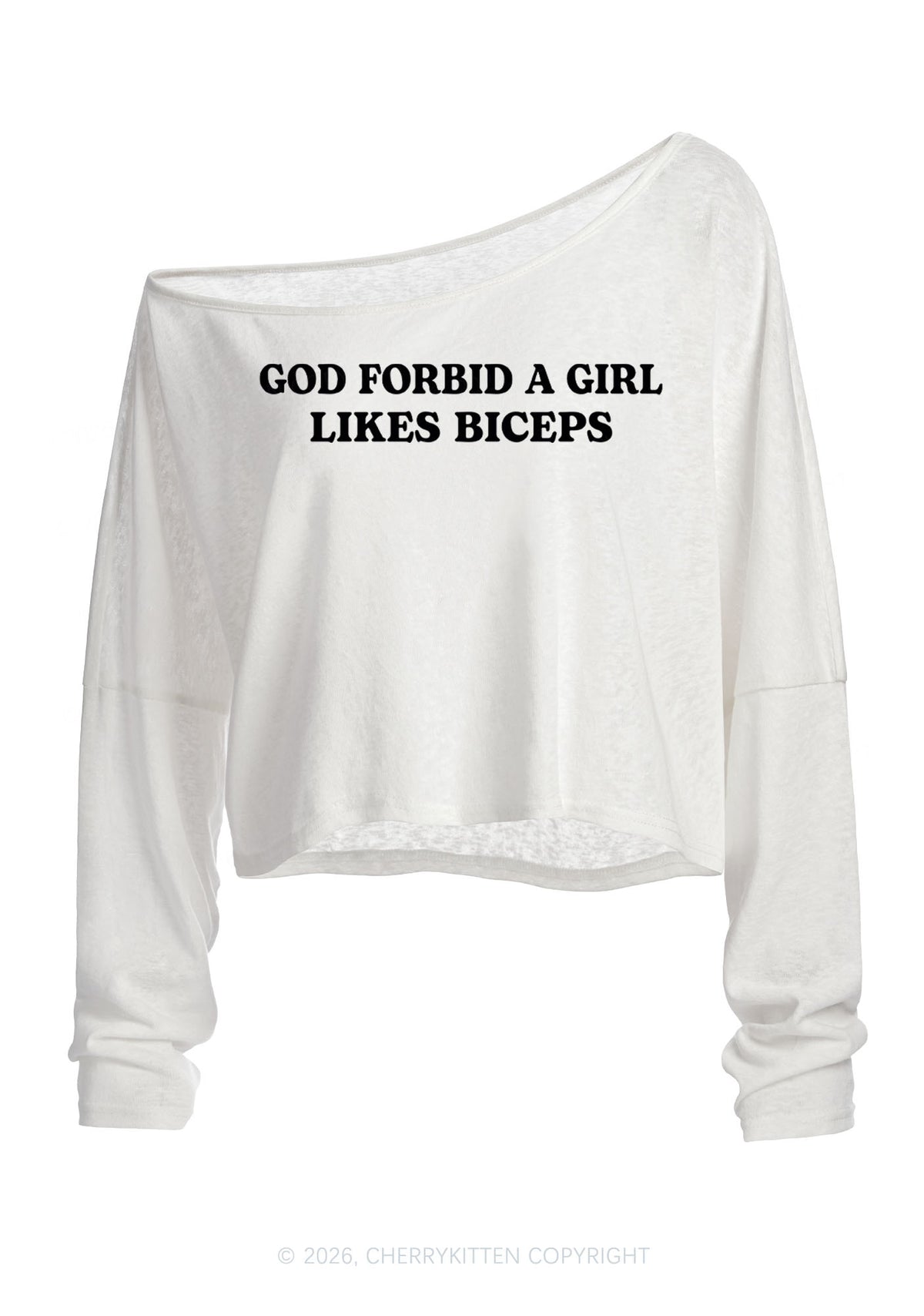God Forbid A Girl Likes Biceps Y2K Off Shoulder Long Sleeve Crop Top Cherrykitten