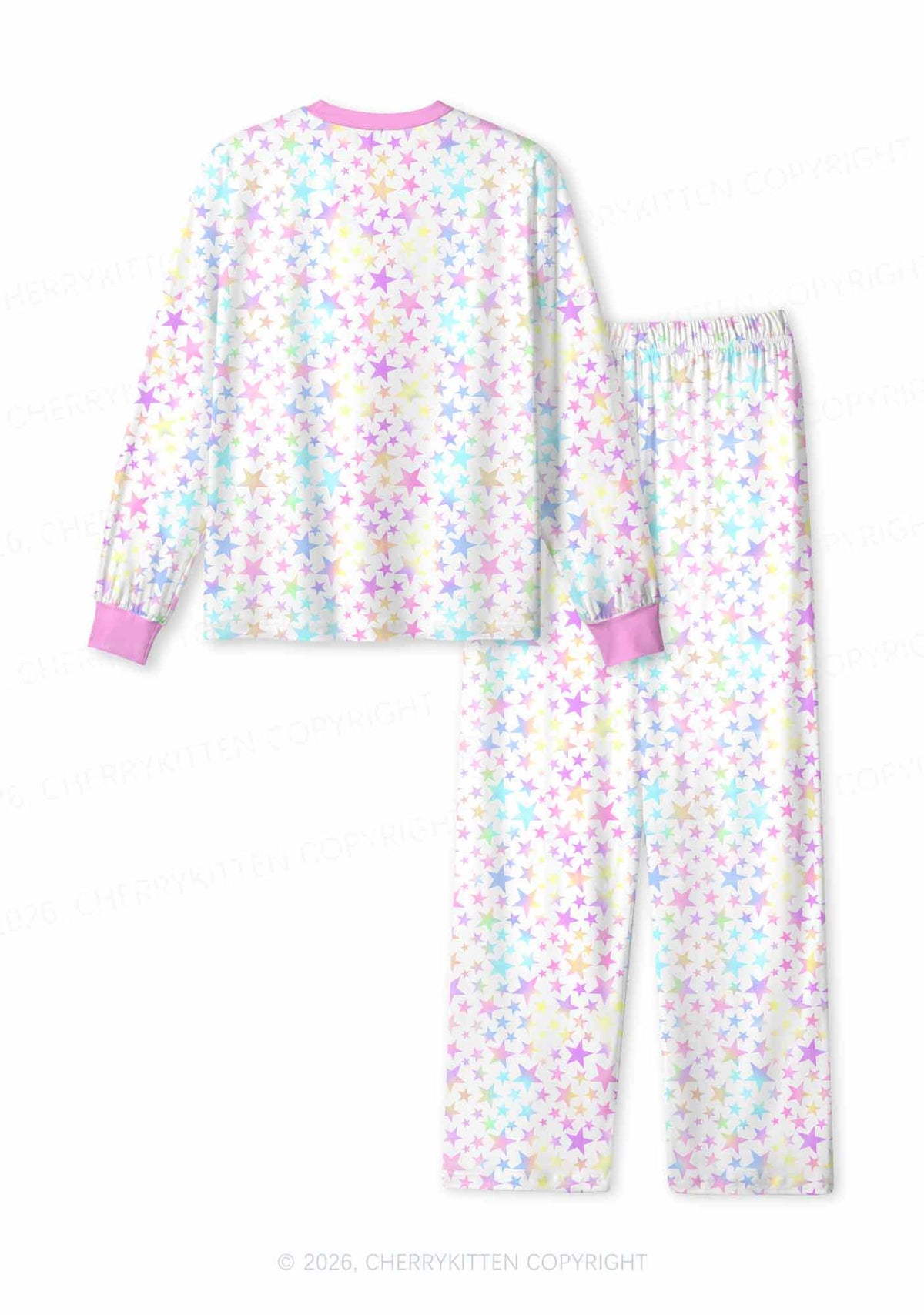 Rainbow Star On White Y2K Print Long Sleeve Pajama Set Cherrykitten