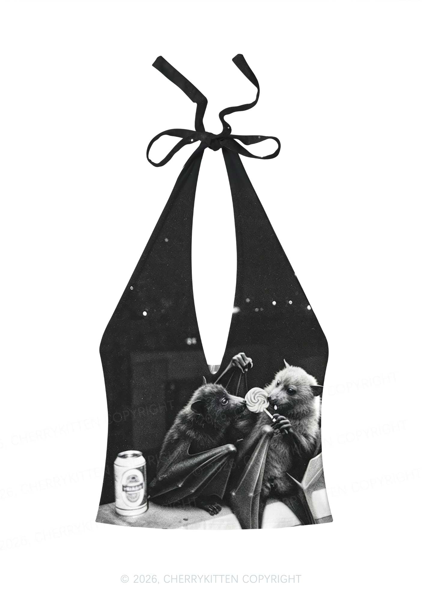Halloween Lollipop Bat Y2K Print Halter Deep V Neck Cami Cherrykitten