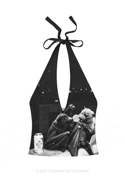 Halloween Lollipop Bat Y2K Print Halter Deep V Neck Cami Cherrykitten