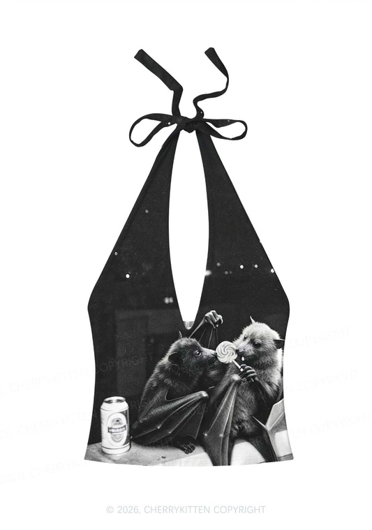 Halloween Lollipop Bat Y2K Print Halter Deep V Neck Cami Cherrykitten