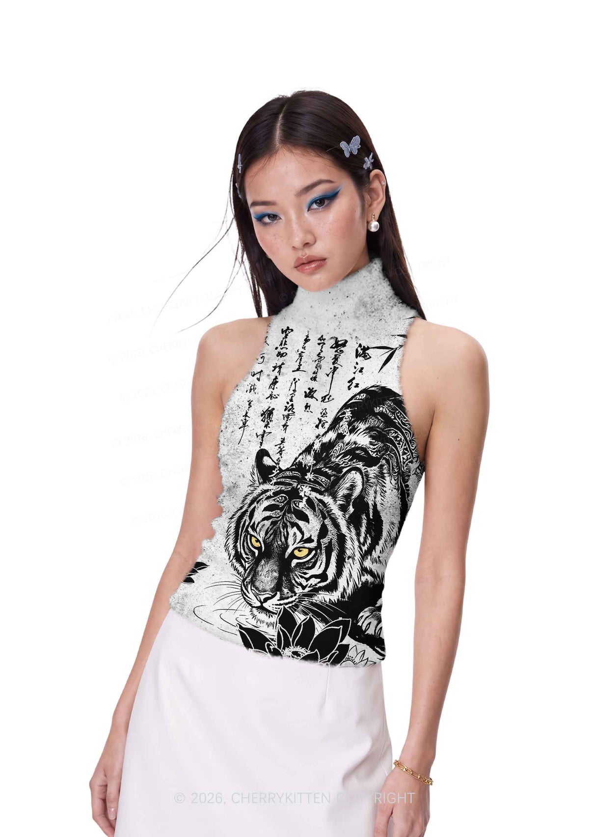 Yellow Eyes Tiger Y2K Knit Turtleneck Tank Top Cherrykitten