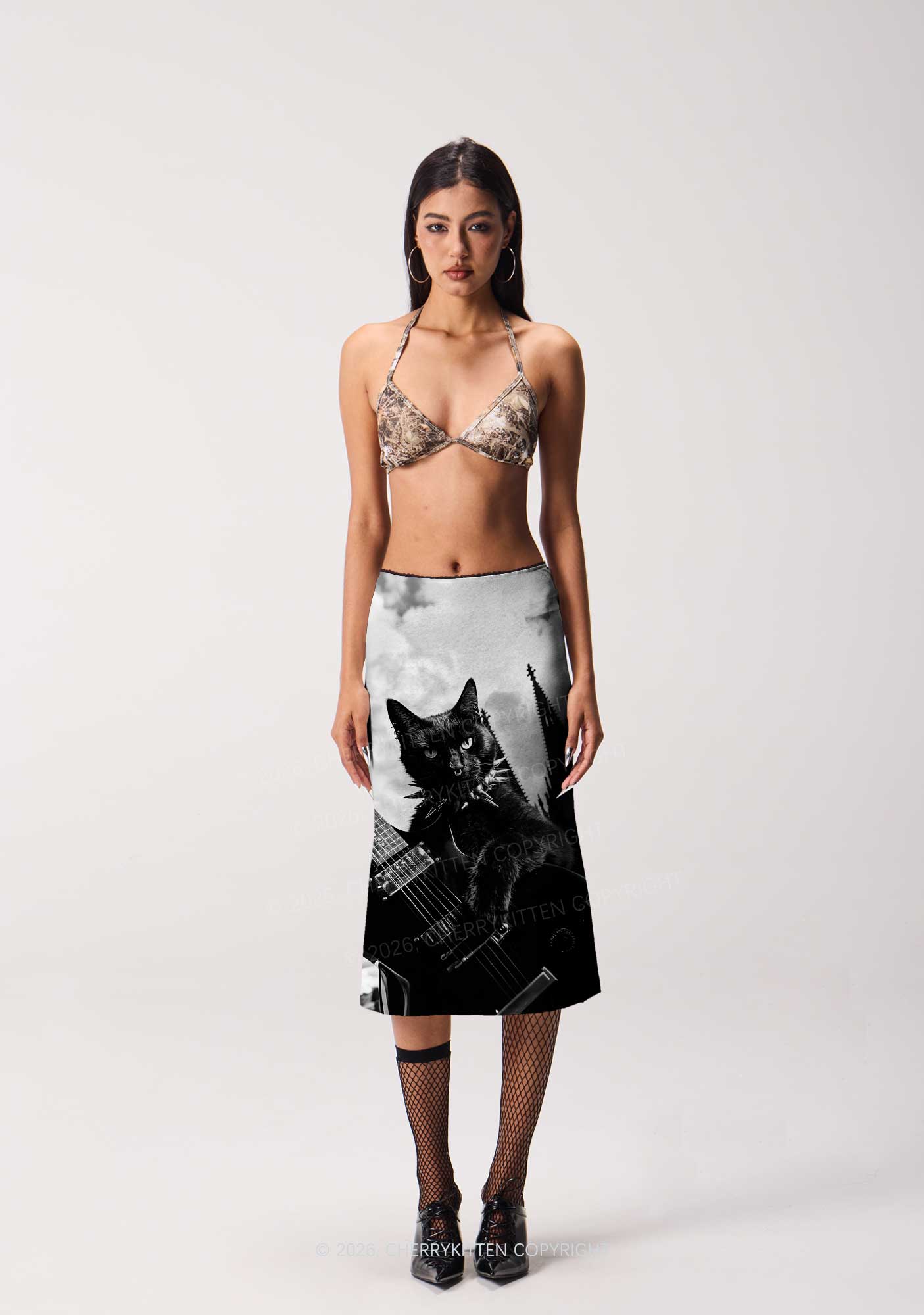 Halloween Guitar Black Cat Y2K Print Midi Skirt Cherrykitten