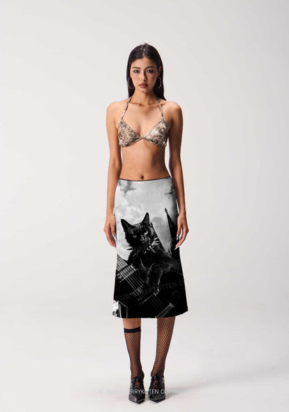 Halloween Guitar Black Cat Y2K Print Midi Skirt Cherrykitten