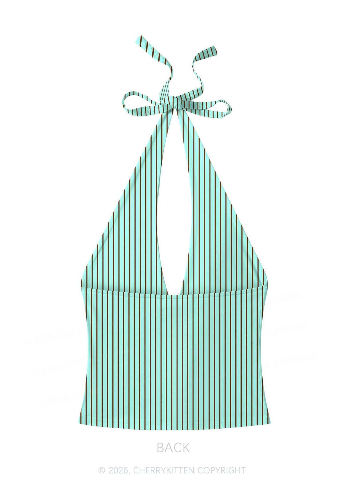 Mint Brown Stripes Y2K Print Halter Deep V Neck Cami Cherrykitten