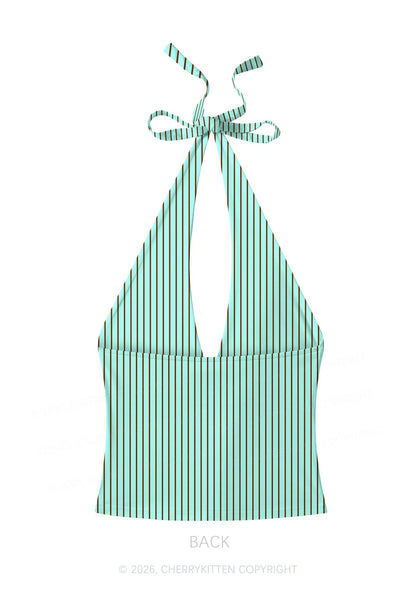Mint Brown Stripes Y2K Print Halter Deep V Neck Cami Cherrykitten