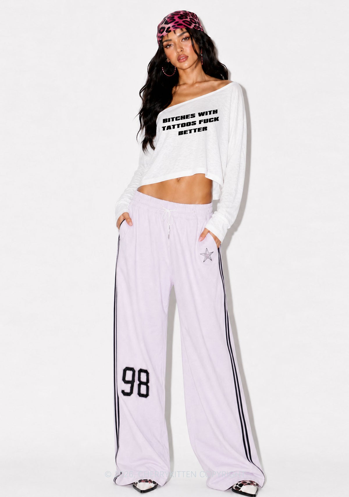 Bxxches With Tattoos Fxxk Better Y2K Off Shoulder Long Sleeve Crop Top Cherrykitten